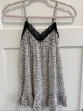 Victoria's Secret White Chemise with Black Floral Print & Lace